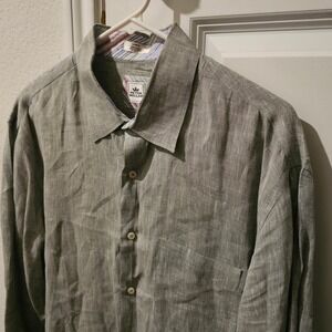 Peter Millar Mens Large Grey 100% Linen Long Sleeve Button Down Shirt Pocket